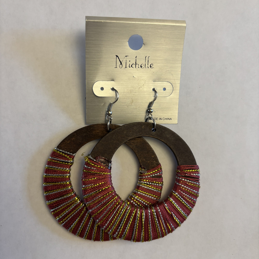 Michelle Dark Wood Pink Gold Thread Wrap Hoop Earrings NWT